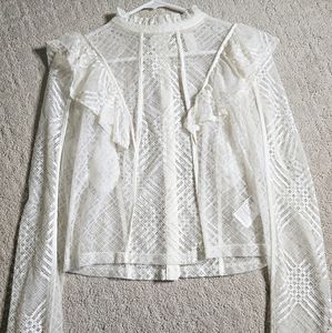 NWOT H&M White Lacey Long Sleeve  blouse with ruffles & hand split ends -Size 10